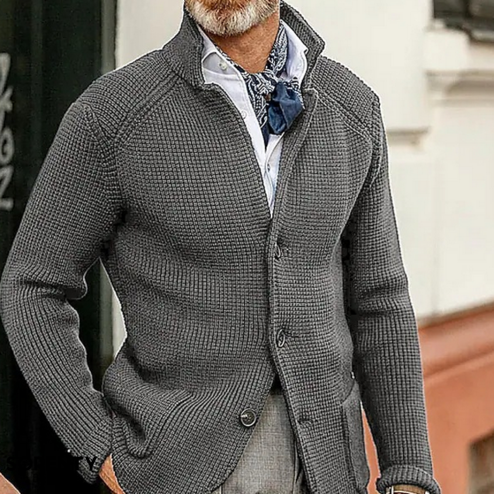 Men's textured button front blazer with stand collar and long sleeves