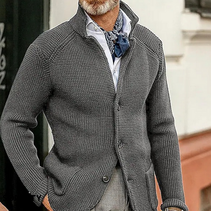 Men's textured button front blazer with stand collar and long sleeves