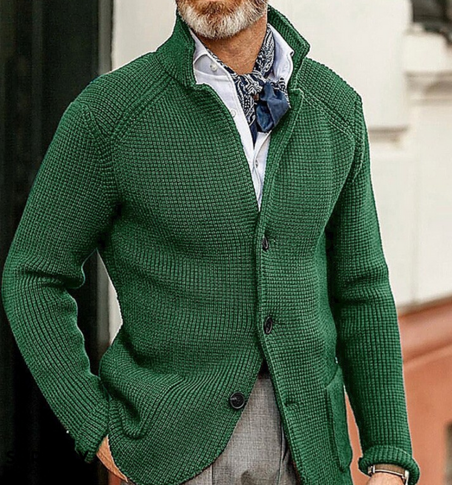 Men's textured button front blazer with stand collar and long sleeves