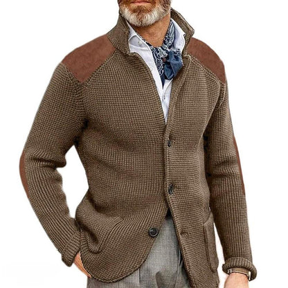 Men's textured button front blazer with stand collar and long sleeves