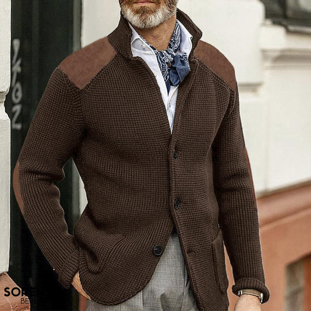 Men's textured button front blazer with stand collar and long sleeves