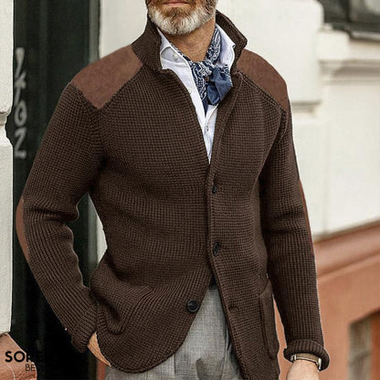 Men's textured button front blazer with stand collar and long sleeves