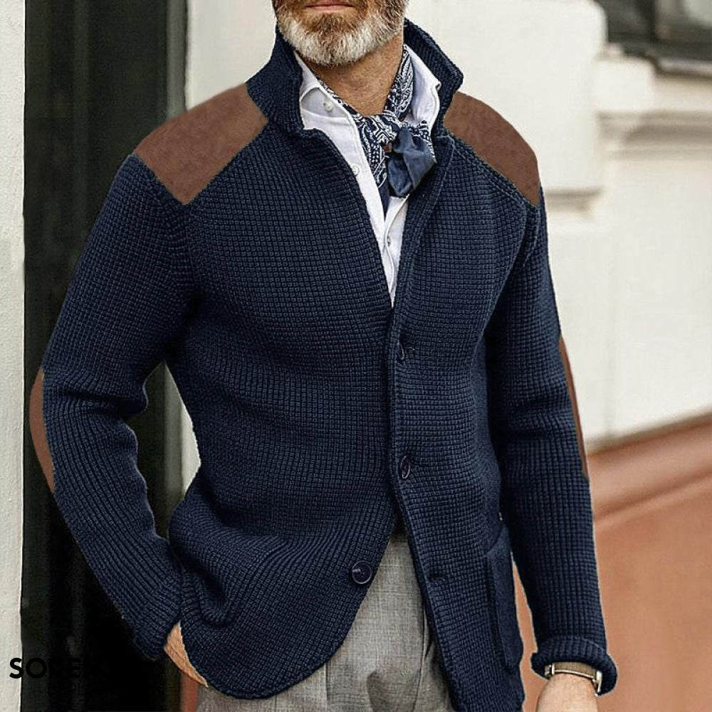 Men's textured button front blazer with stand collar and long sleeves