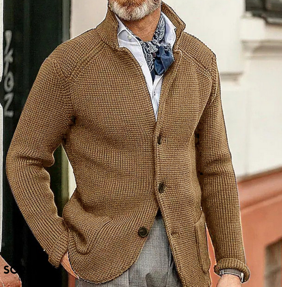Men's textured button front blazer with stand collar and long sleeves
