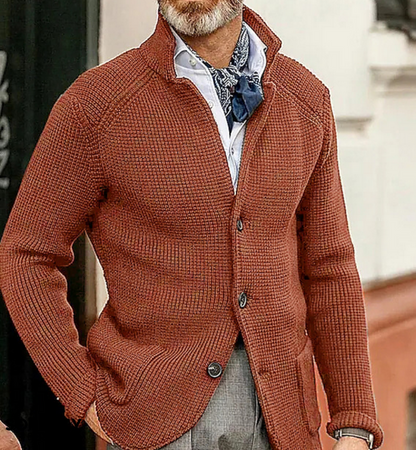 Men's textured button front blazer with stand collar and long sleeves