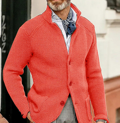 Men's textured button front blazer with stand collar and long sleeves