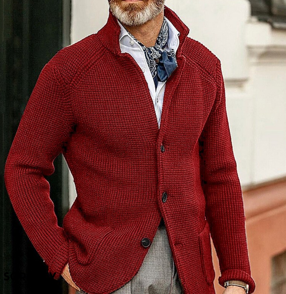 Men's textured button front blazer with stand collar and long sleeves