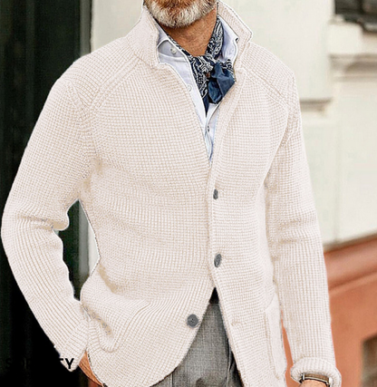Men's textured button front blazer with stand collar and long sleeves