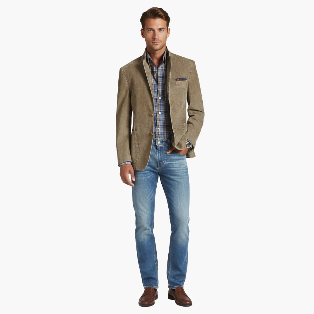 Men's khaki blazer with notched lapels, patch pockets and long sleeves