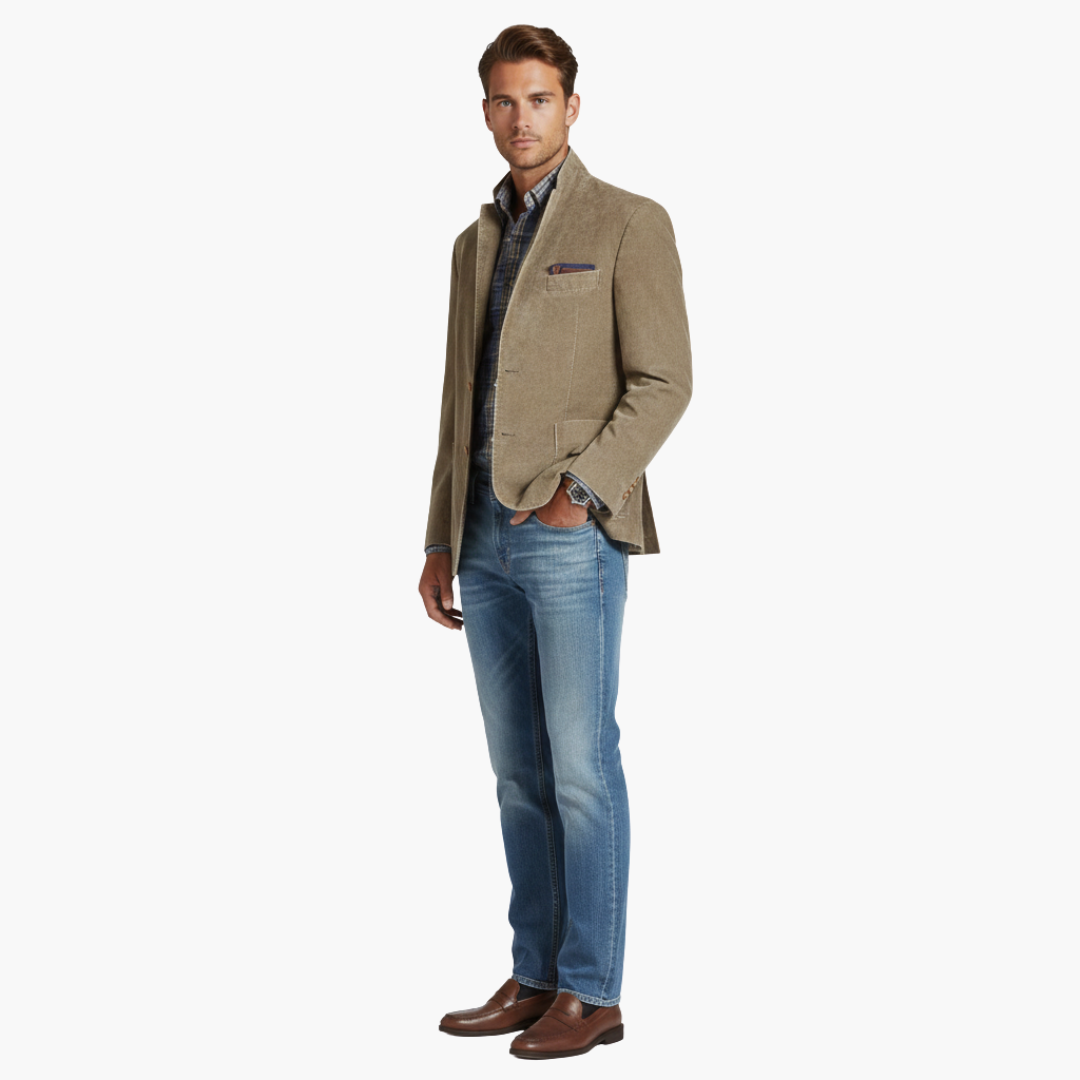 Men's khaki blazer with notched lapels, patch pockets and long sleeves