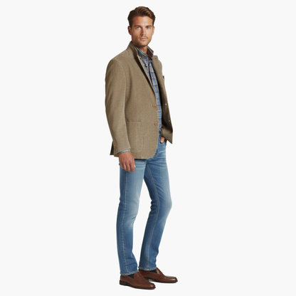 Men's khaki blazer with notched lapels, patch pockets and long sleeves