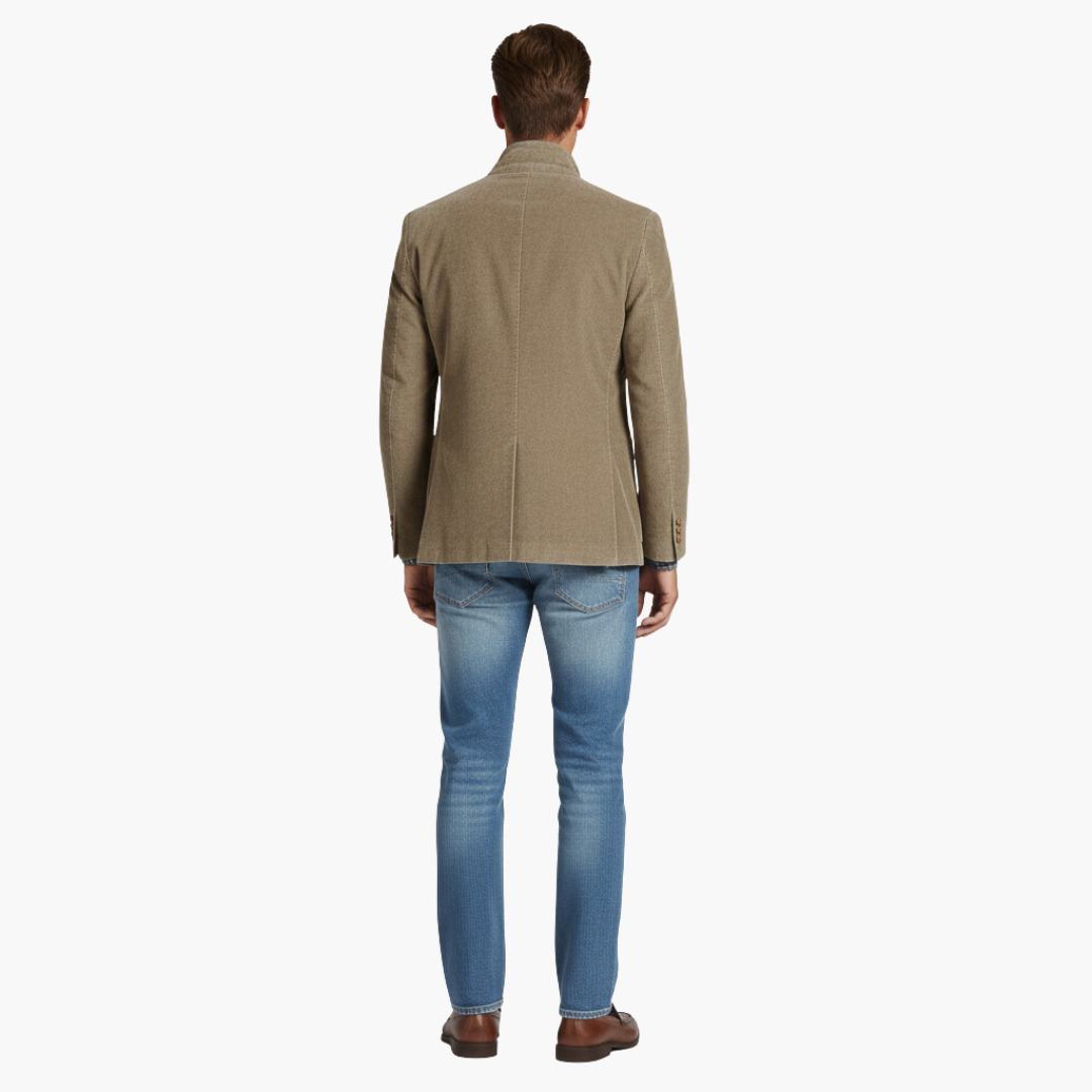 Men's khaki blazer with notched lapels, patch pockets and long sleeves