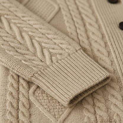 Men's textured shawl collar cardigan with button front and patch pockets