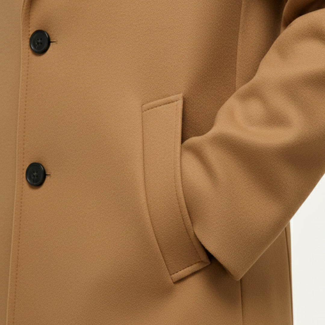 Men's longline overcoat with notched lapels, button front and side pockets
