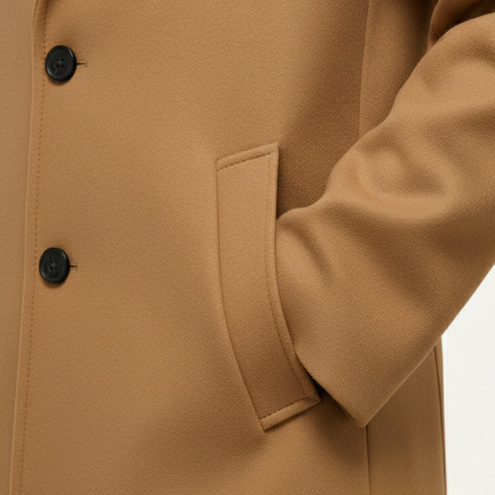 Men's longline overcoat with notched lapels, button front and side pockets