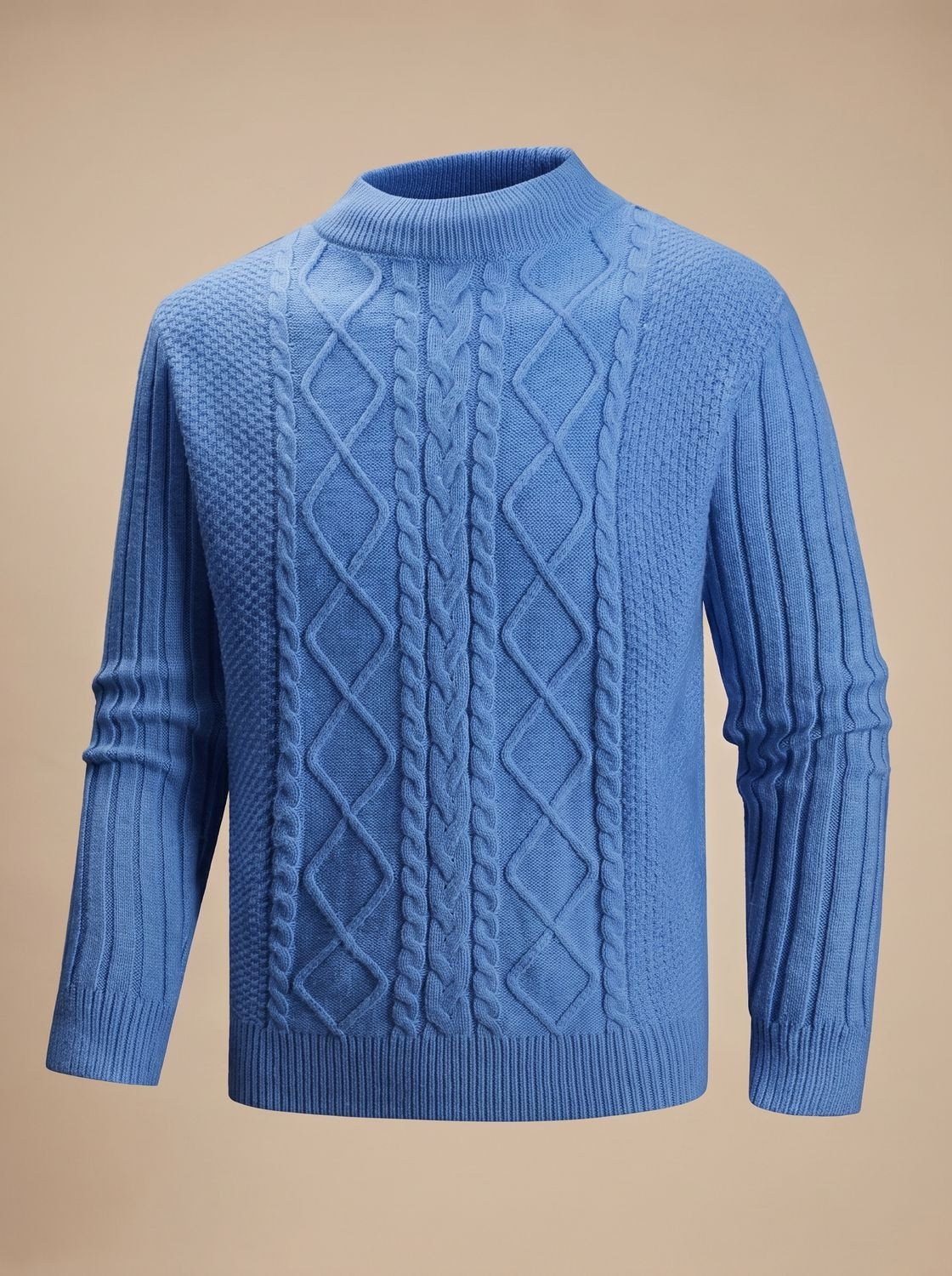 Men's cable knit mock neck sweater with long sleeves and ribbed trims