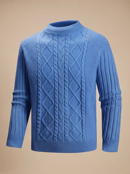 Men's cable knit mock neck sweater with long sleeves and ribbed trims