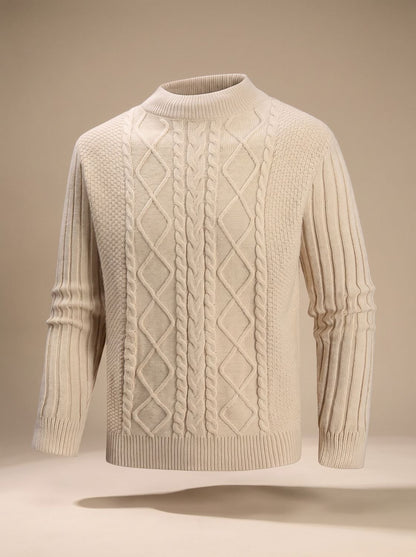 Men's cable knit mock neck sweater with long sleeves and ribbed trims
