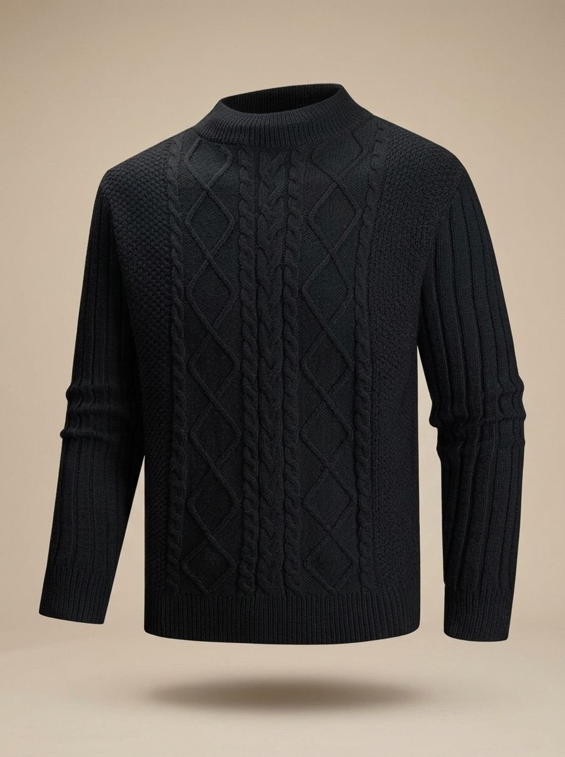 Men's cable knit mock neck sweater with long sleeves and ribbed trims