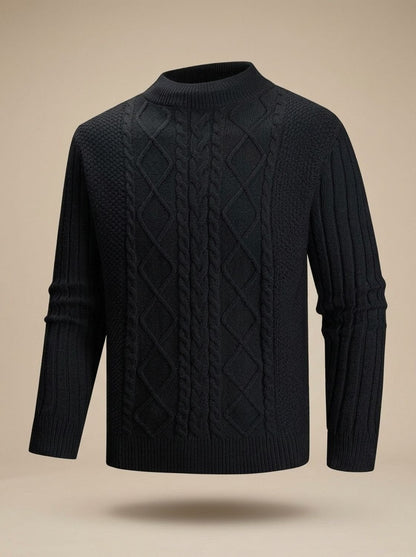Men's cable knit mock neck sweater with long sleeves and ribbed trims