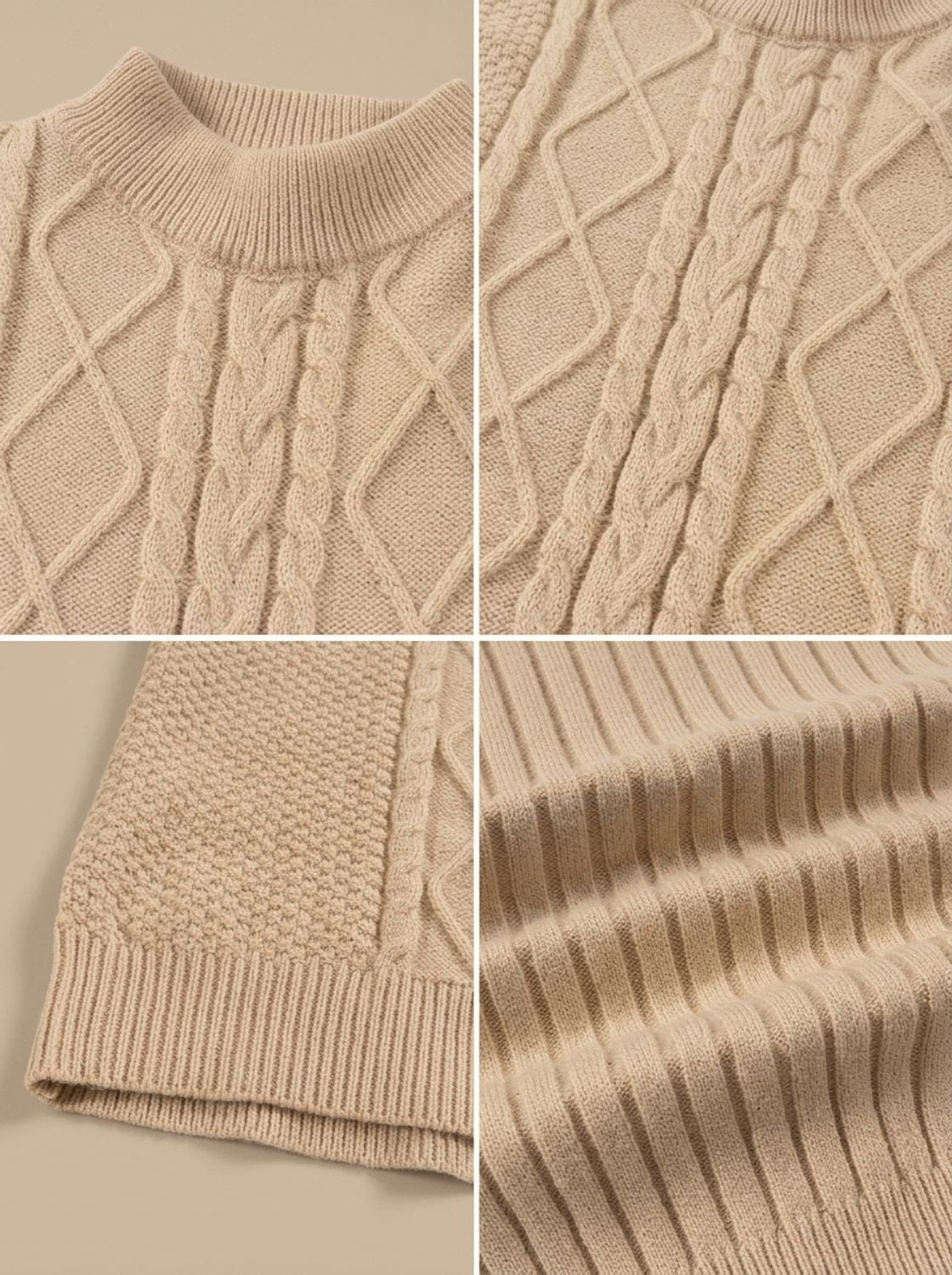 Men's cable knit mock neck sweater with long sleeves and ribbed trims