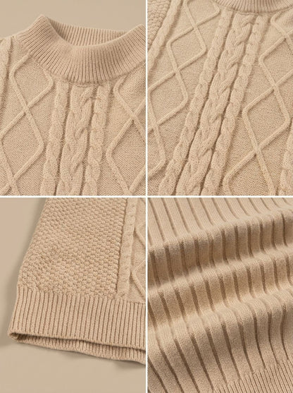 Men's cable knit mock neck sweater with long sleeves and ribbed trims