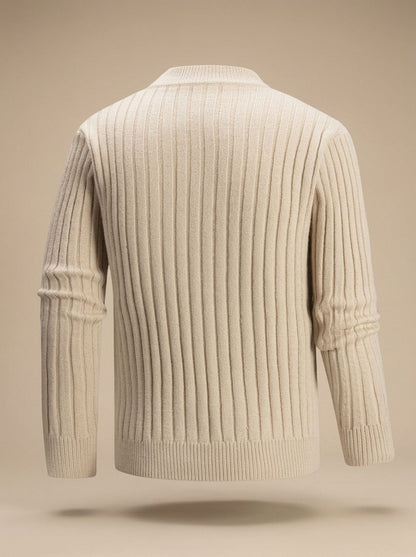 Men's cable knit mock neck sweater with long sleeves and ribbed trims