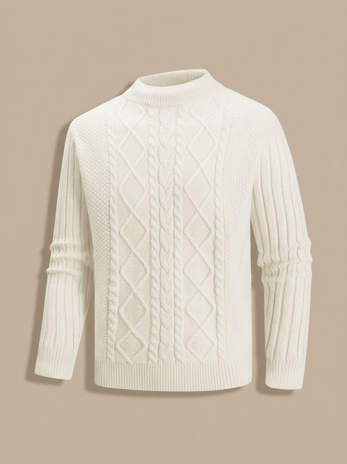 Men's cable knit mock neck sweater with long sleeves and ribbed trims