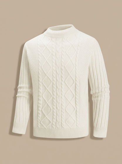 Men's cable knit mock neck sweater with long sleeves and ribbed trims