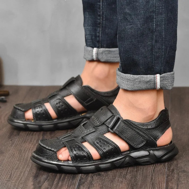Men's Closed Toe Sandals, Hook and Loop Ankle Strap Cutout Upper Summer Casual Shoes