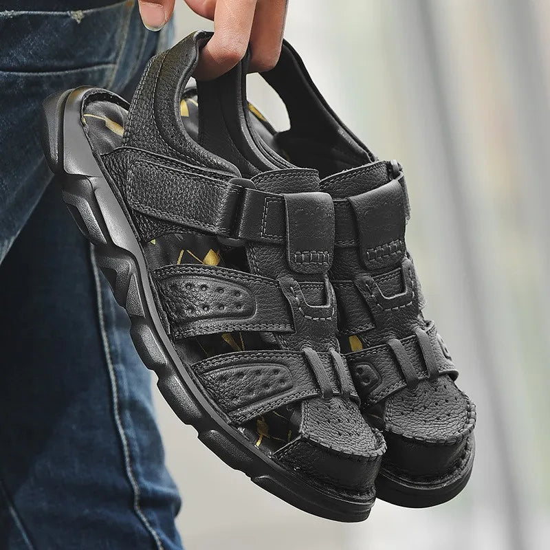 Men's Closed Toe Sandals, Hook and Loop Ankle Strap Cutout Upper Summer Casual Shoes