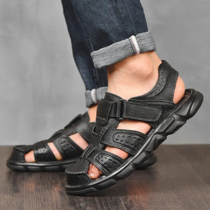 Men's Closed Toe Sandals, Hook and Loop Ankle Strap Cutout Upper Summer Casual Shoes