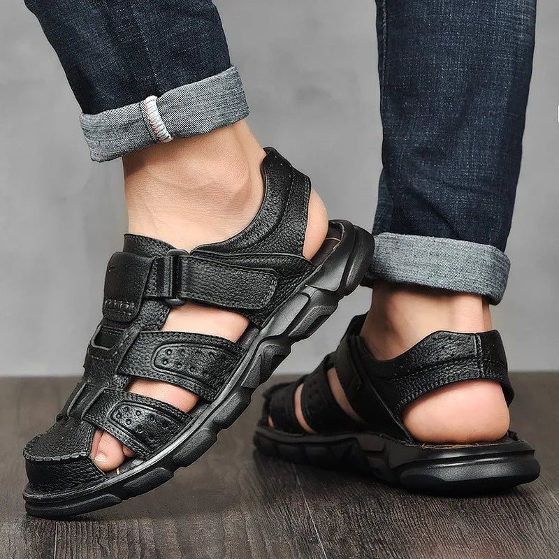 Men's Closed Toe Sandals, Hook and Loop Ankle Strap Cutout Upper Summer Casual Shoes