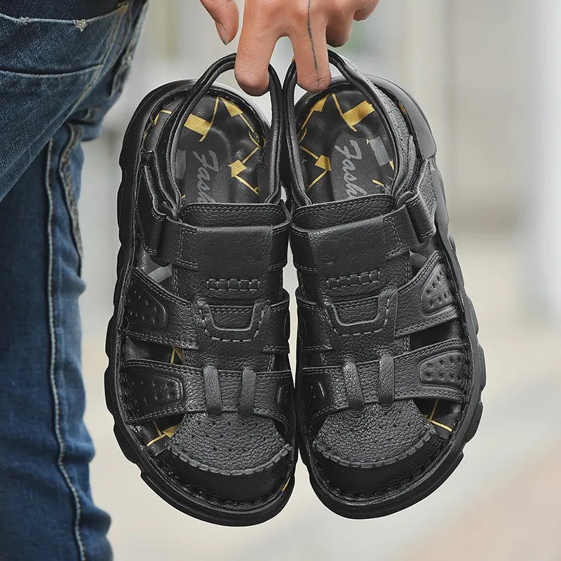 Men's Closed Toe Sandals, Hook and Loop Ankle Strap Cutout Upper Summer Casual Shoes