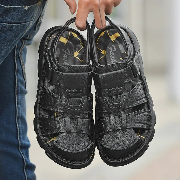 Men's Closed Toe Sandals, Hook and Loop Ankle Strap Cutout Upper Summer Casual Shoes