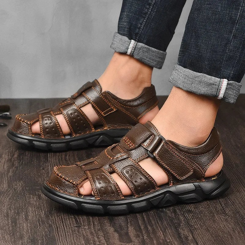 Men's Closed Toe Sandals, Hook and Loop Ankle Strap Cutout Upper Summer Casual Shoes