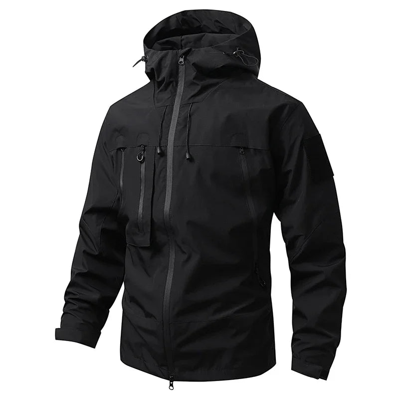 Men's hooded windbreaker jacket with zip front and multiple pockets