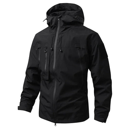 Men's hooded windbreaker jacket with zip front and multiple pockets