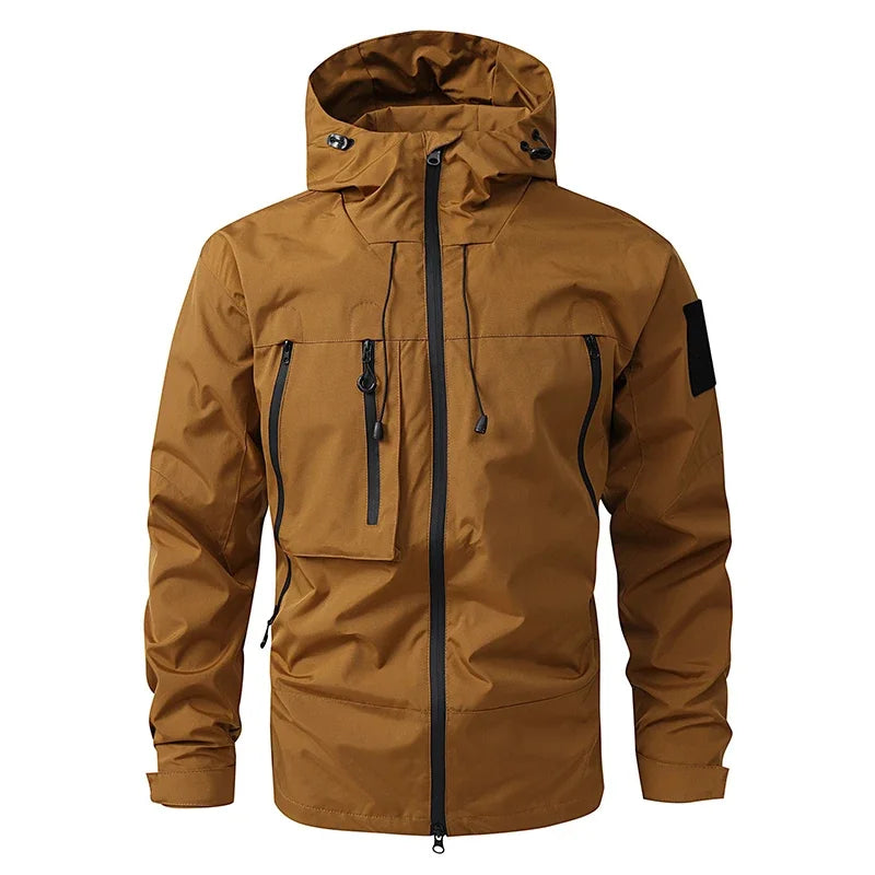 Men's hooded windbreaker jacket with zip front and multiple pockets