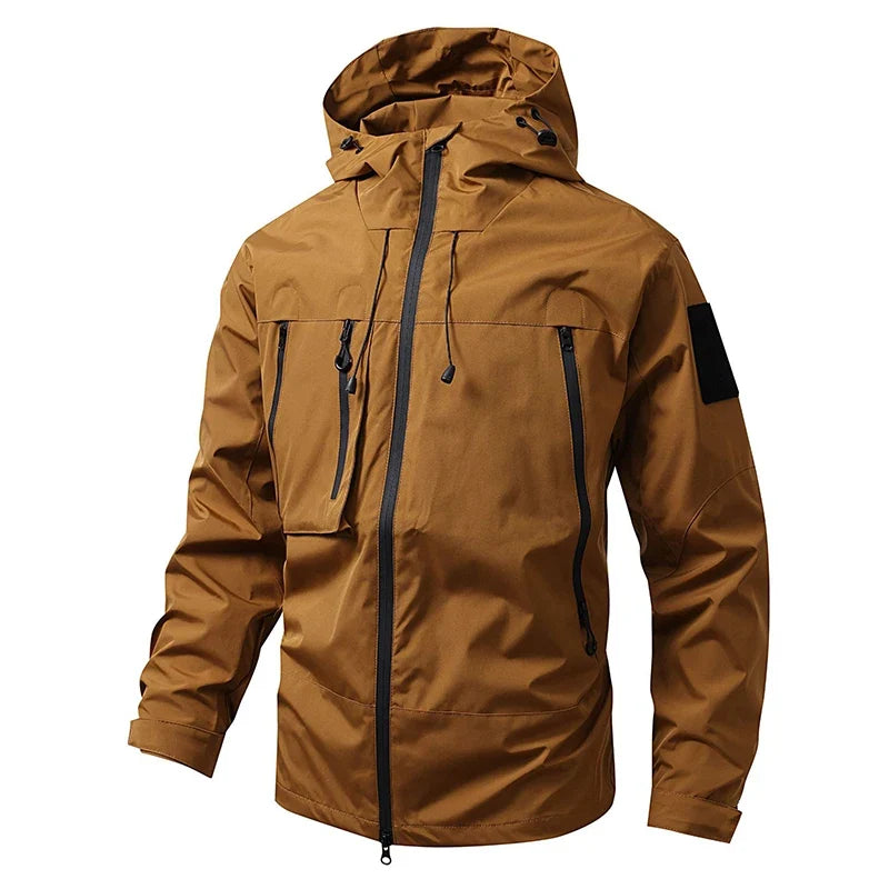 Men's hooded windbreaker jacket with zip front and multiple pockets