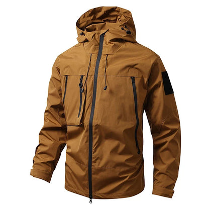 Men's hooded windbreaker jacket with zip front and multiple pockets