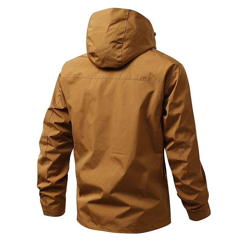 Men's hooded windbreaker jacket with zip front and multiple pockets