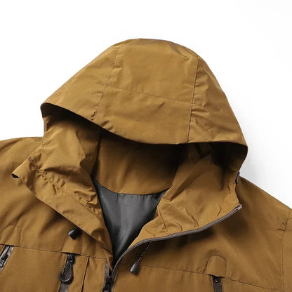 Men's hooded windbreaker jacket with zip front and multiple pockets