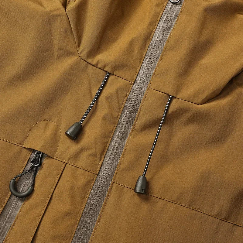 Men's hooded windbreaker jacket with zip front and multiple pockets