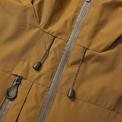 Men's hooded windbreaker jacket with zip front and multiple pockets