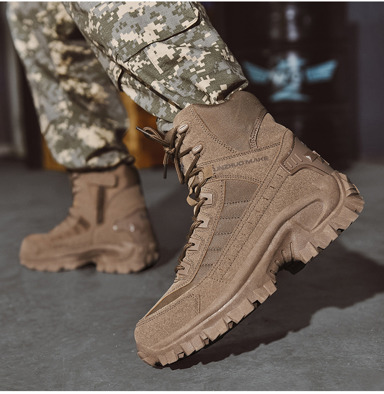 Men's high-top lace-up hiking work boots with lugged soles