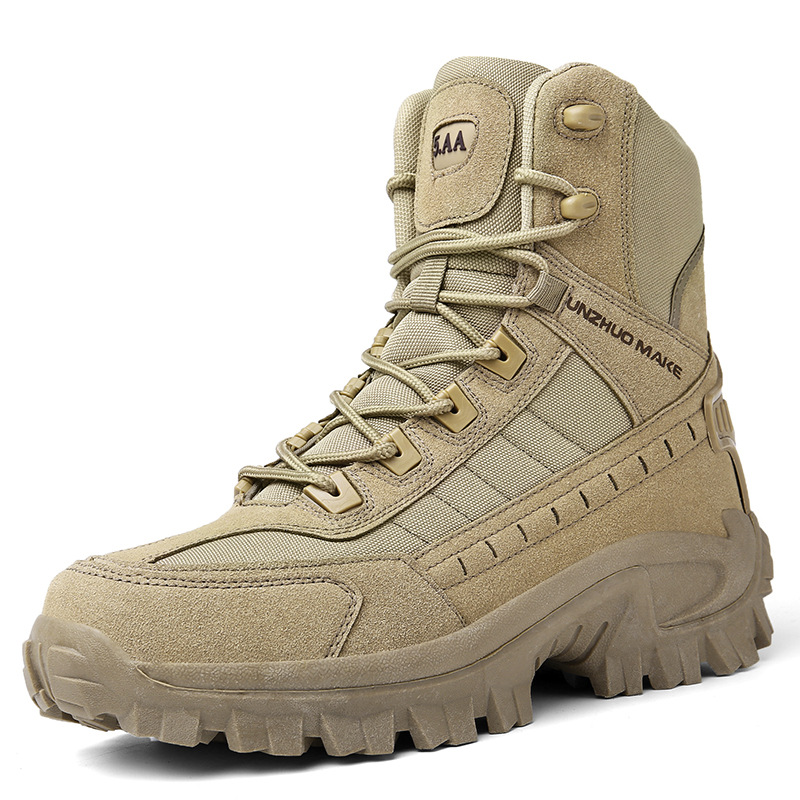 Men's high-top lace-up hiking work boots with lugged soles