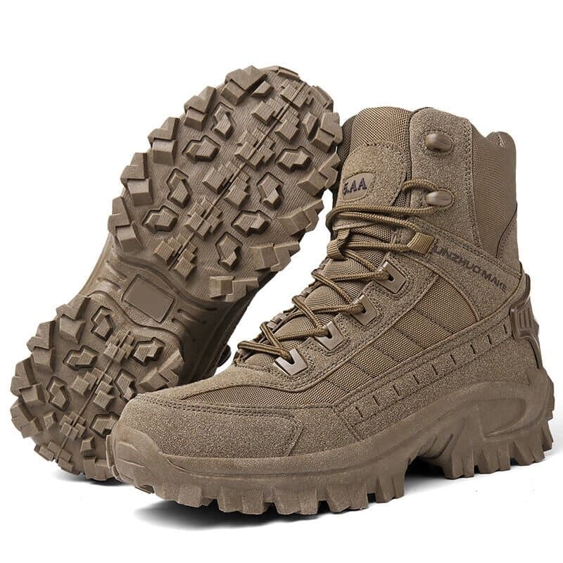 Men's high-top lace-up hiking work boots with lugged soles