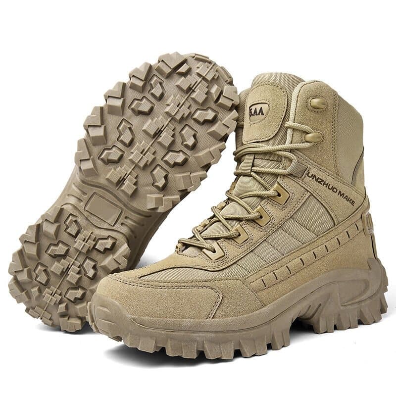 Men's high-top lace-up hiking work boots with lugged soles