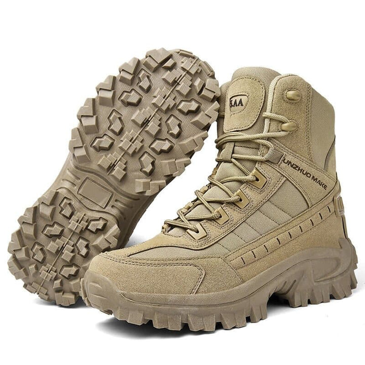Men's high-top lace-up hiking work boots with lugged soles